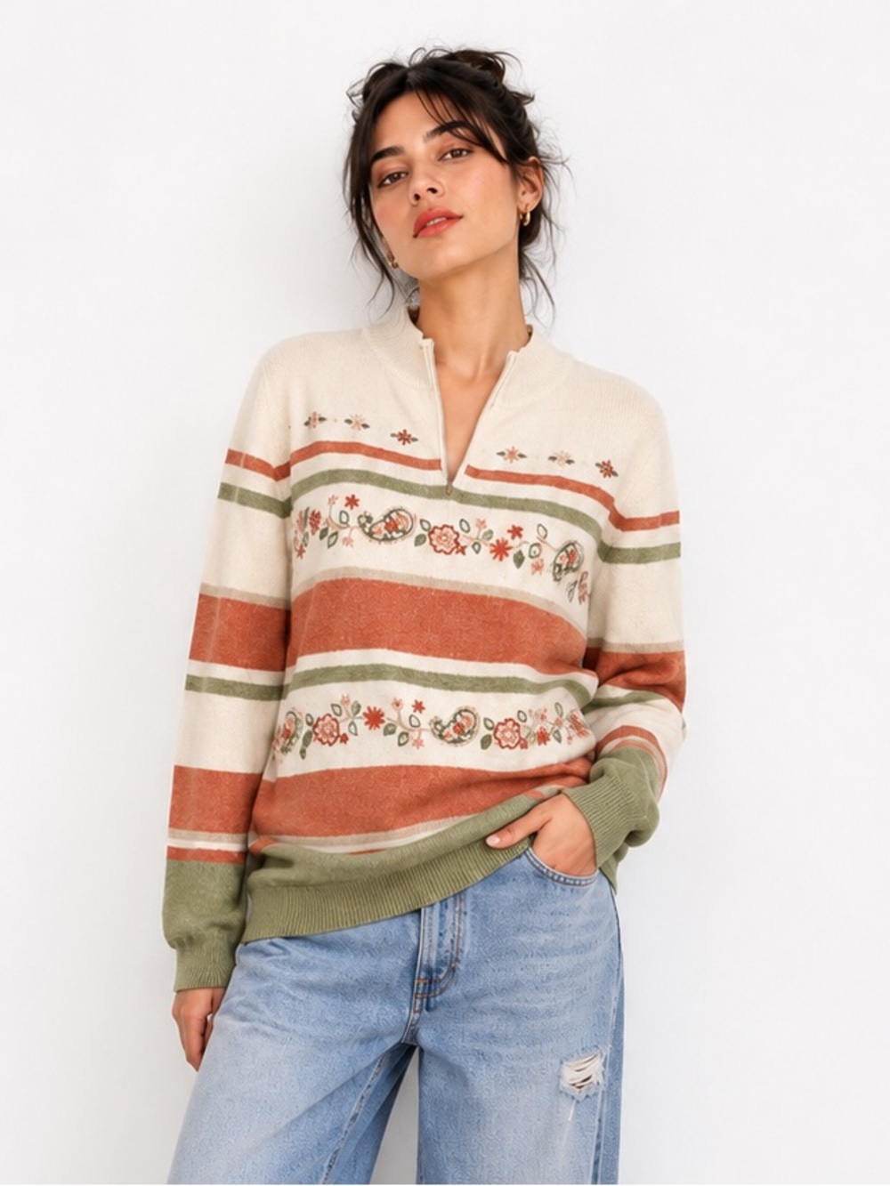 Vintage Cottagecore Striped Floral Knit Pullover Sweater- Cream, coral & Olive-s